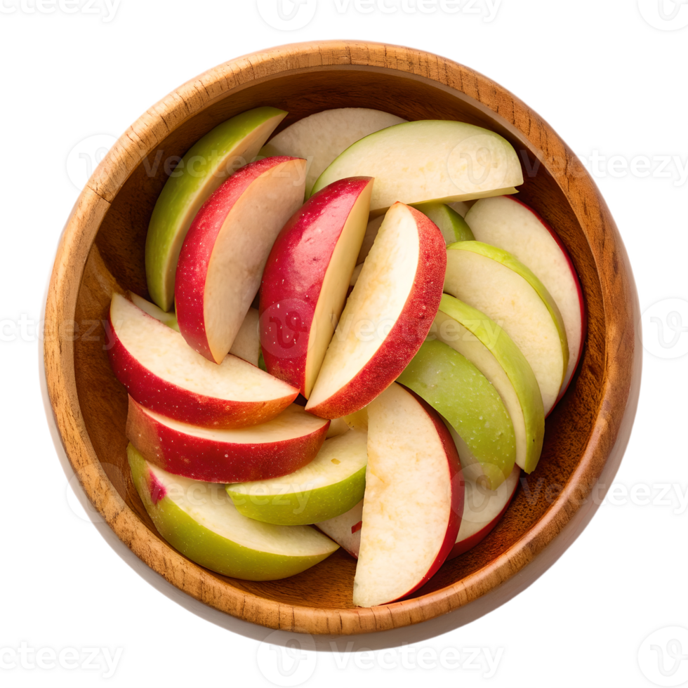 Sliced Apples in Wooden Bowl Overhead View Transparent Background png