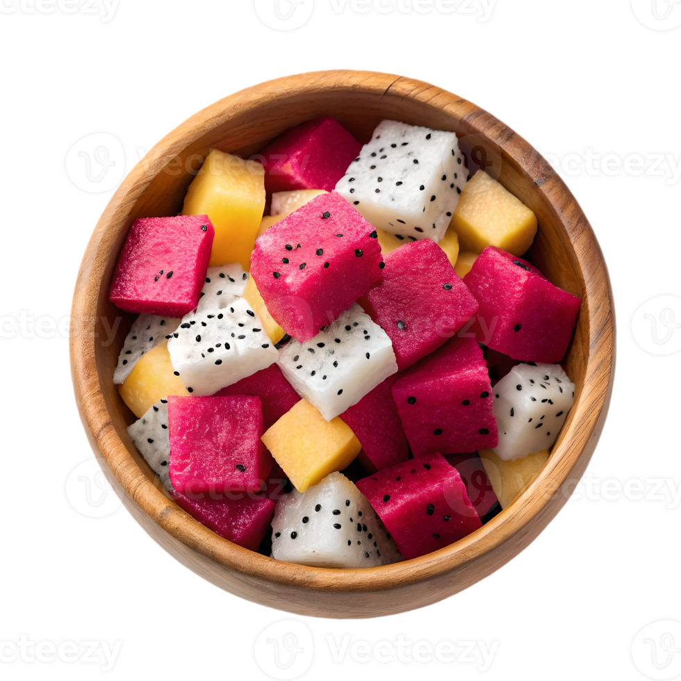 Fresh Dragon Fruit and Mango Salad in Wooden Bowl Transparent Background png