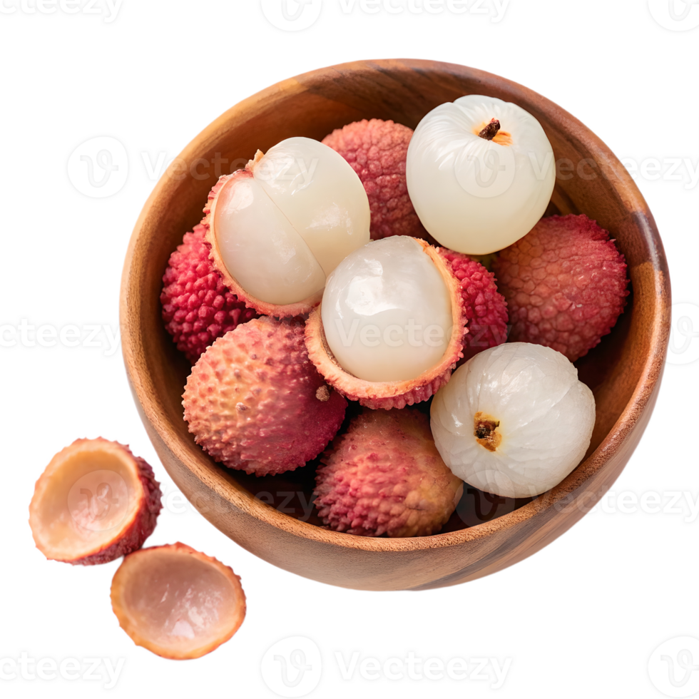 Fresh Lychees in Wooden Bowl Overhead View Transparent Background tropical healthy png