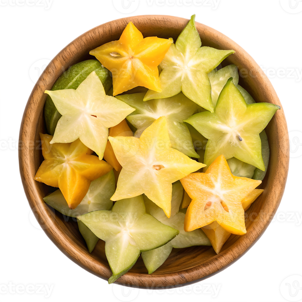 Juicy Starfruit Slices in Wooden Bowl Overhead View Transparent Background png