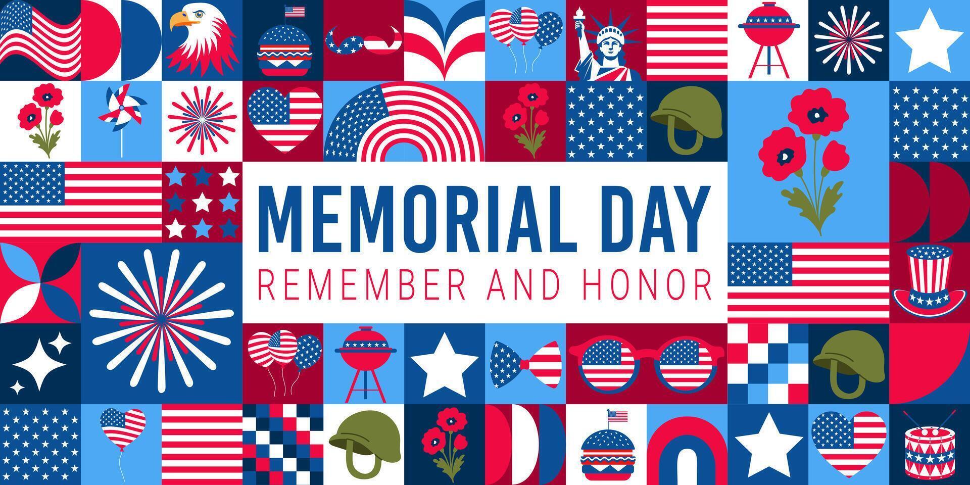 Memorial day is a day to remember and honor those who have served and sacrificed for our country. A collage of patriotic symbols and images, including American flags, stars, and a soldier vector