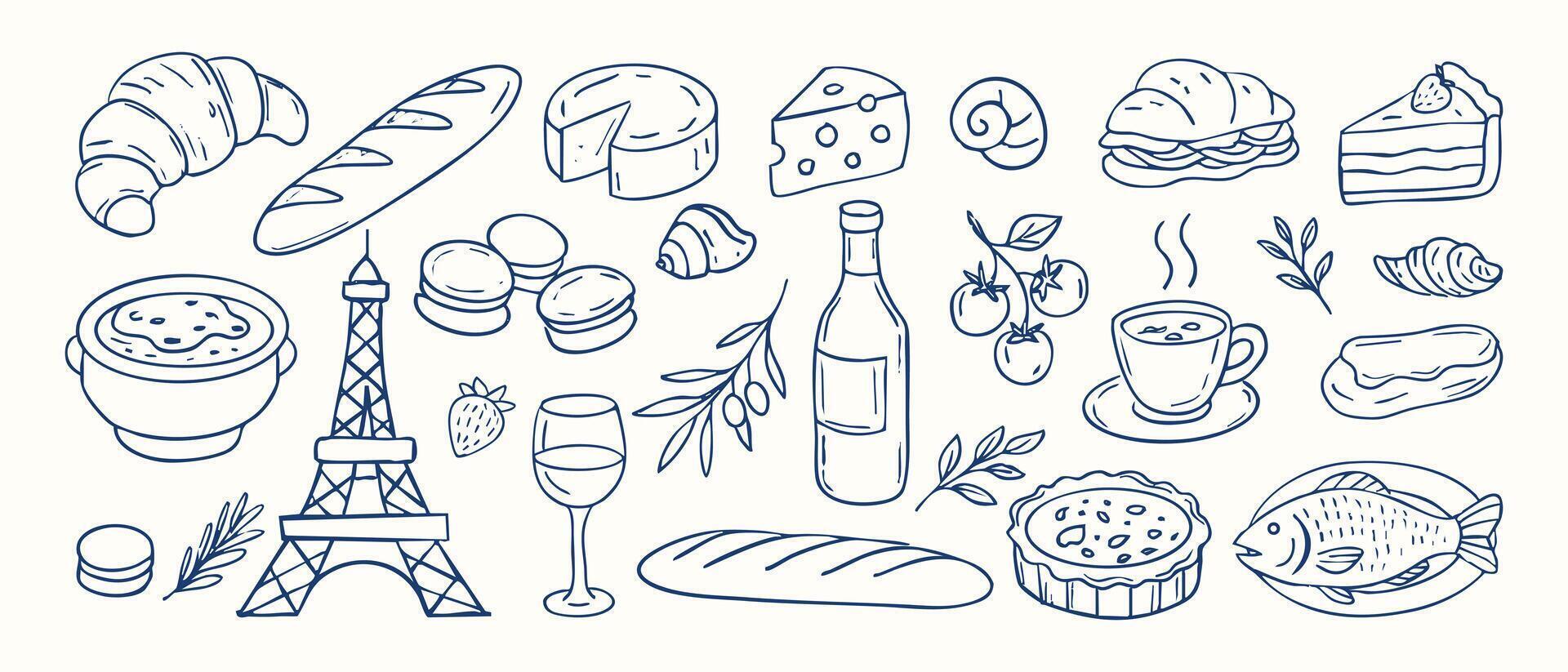 A blue and white drawing of french food items with a Paris theme. The drawing includes a variety of food items such as sandwiches, cakes, and drinks like wine and coffee vector