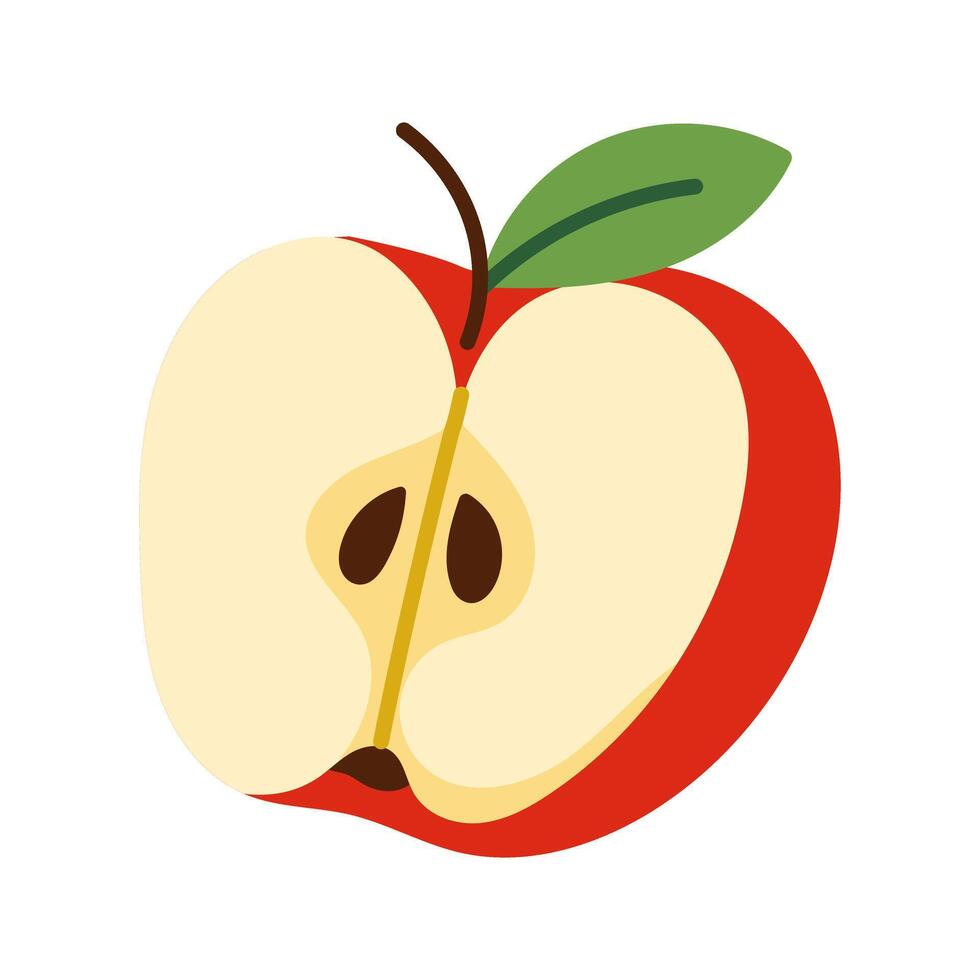 A red apple with a green leaf on top. The apple is cut in half, revealing its seeds vector