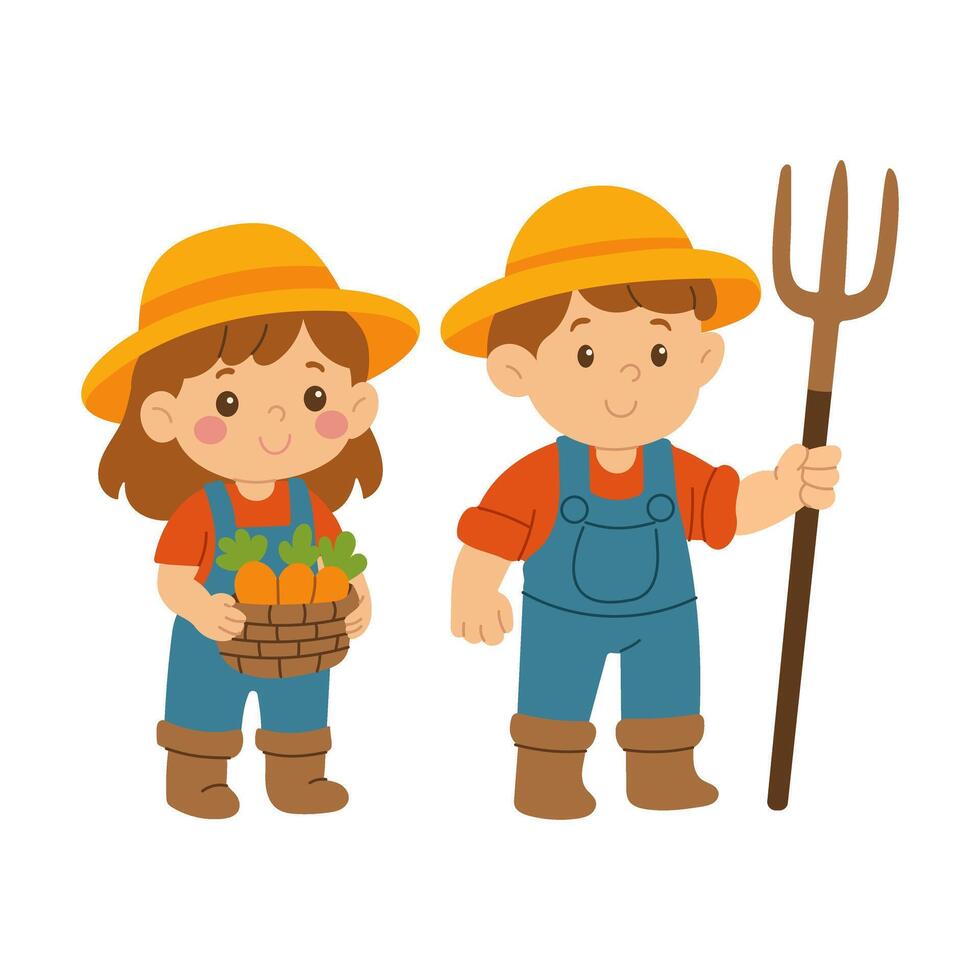 Two children are holding baskets of carrots and wearing hats. One of them is holding a pitchfork vector