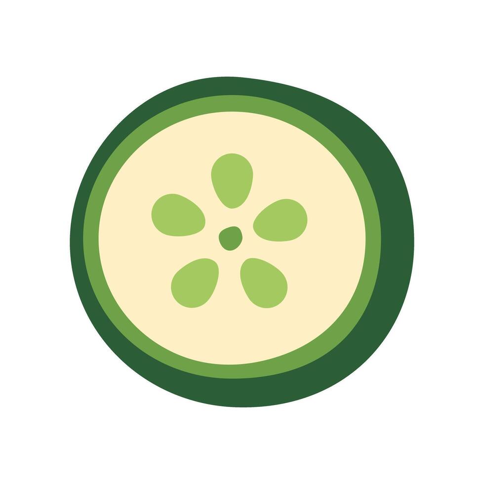 A green cucumber slice with a flower design on it. The cucumber slice is cut in half and the flower design is in the middle vector