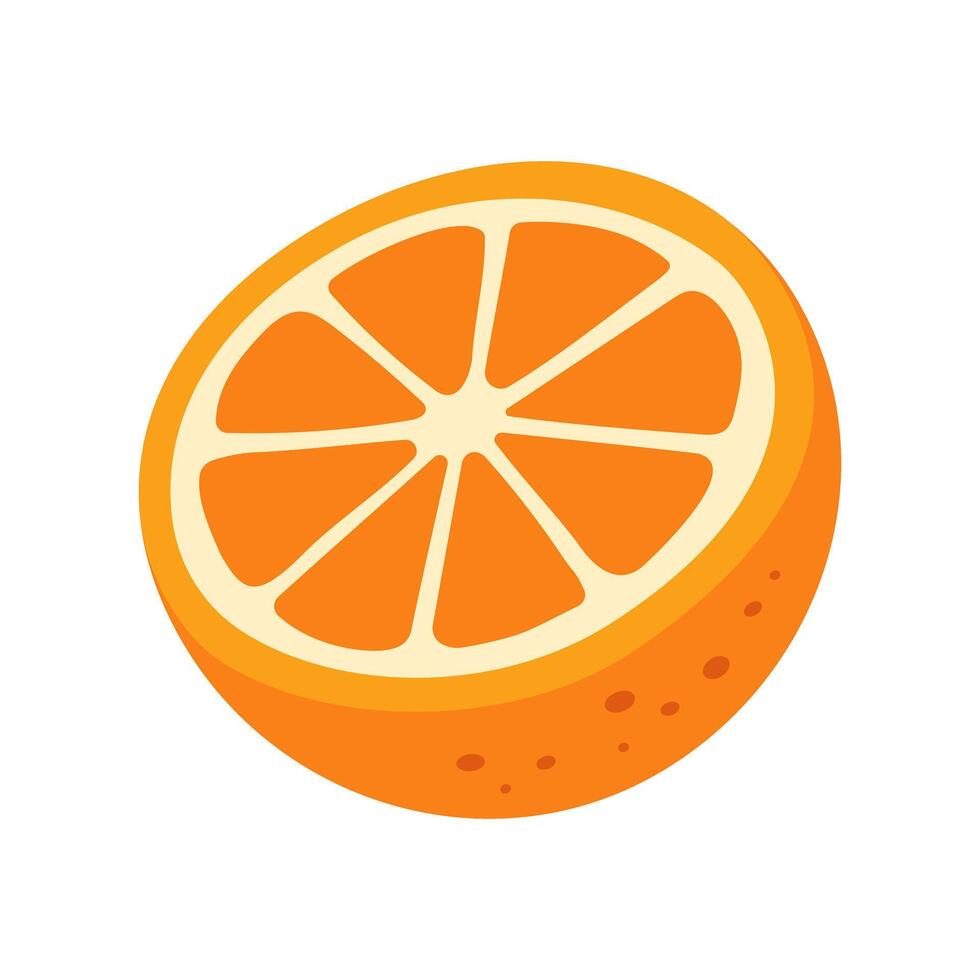 A cartoon orange slice with a white background. The orange slice is cut in half and has a few small black spots vector