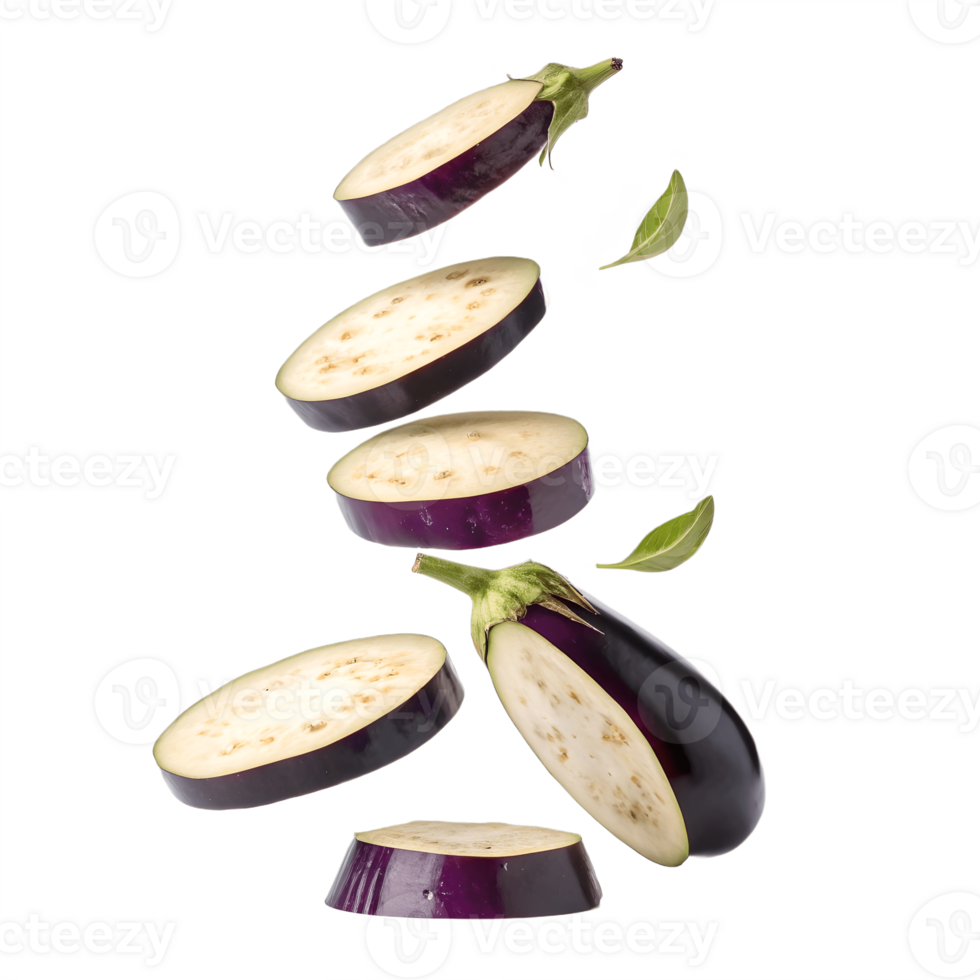 Fresh Eggplant Slices Falling on Transparent Background png
