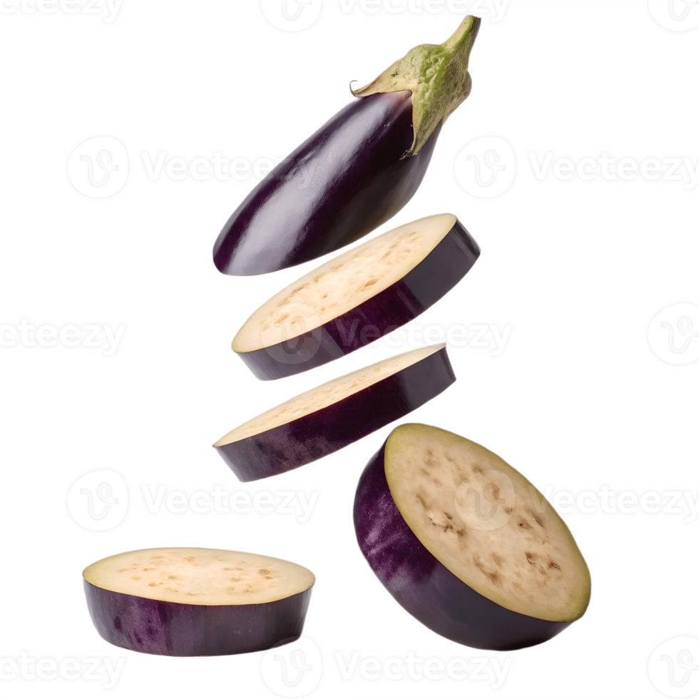 Fresh Eggplant Slices Falling in Mid Air Transparent Background png