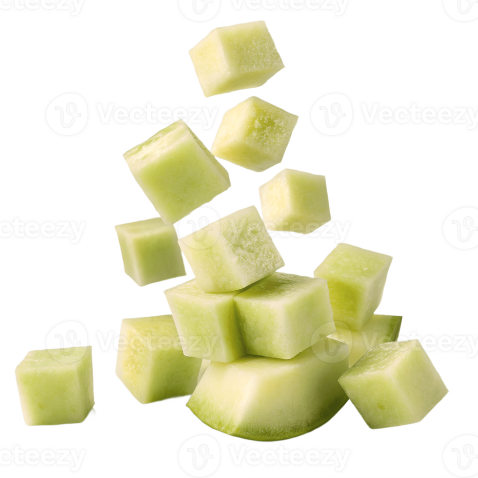 Falling Honeydew Melon Cubes Transparent Background juicy png