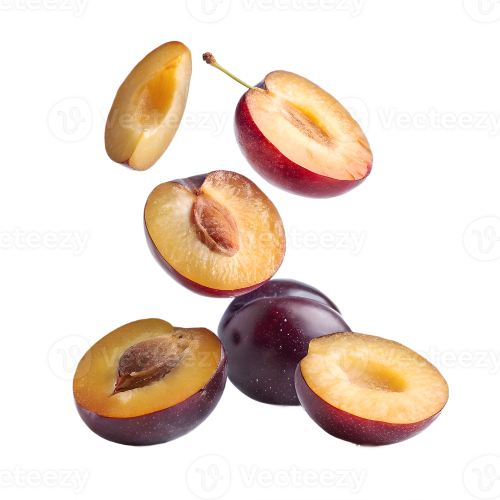 Falling Plums Halves Isolated on Transparent Background png