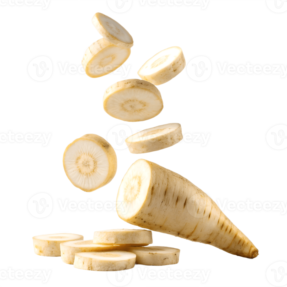 Fresh Parsnip Slices Falling in Air, Transparent Background png