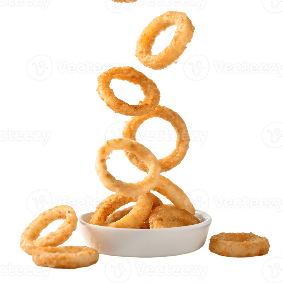 Crispy Onion Rings Falling into Bowl Transparent Background png