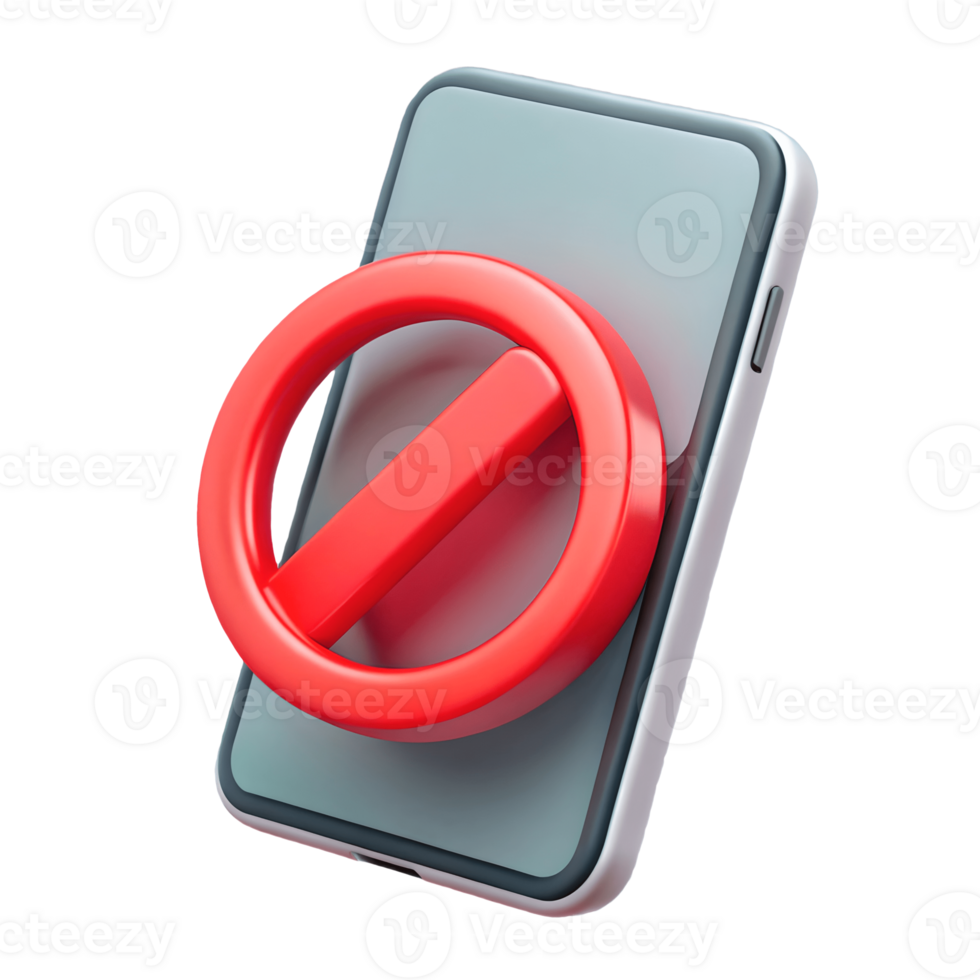 Modern smartphone with a large red prohibition symbol on a transparent background indicating restricted access or banned activity on mobile devices png