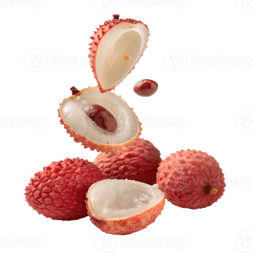 Fresh Lychees Falling in Mid Air Studio Shot Transparent Background png