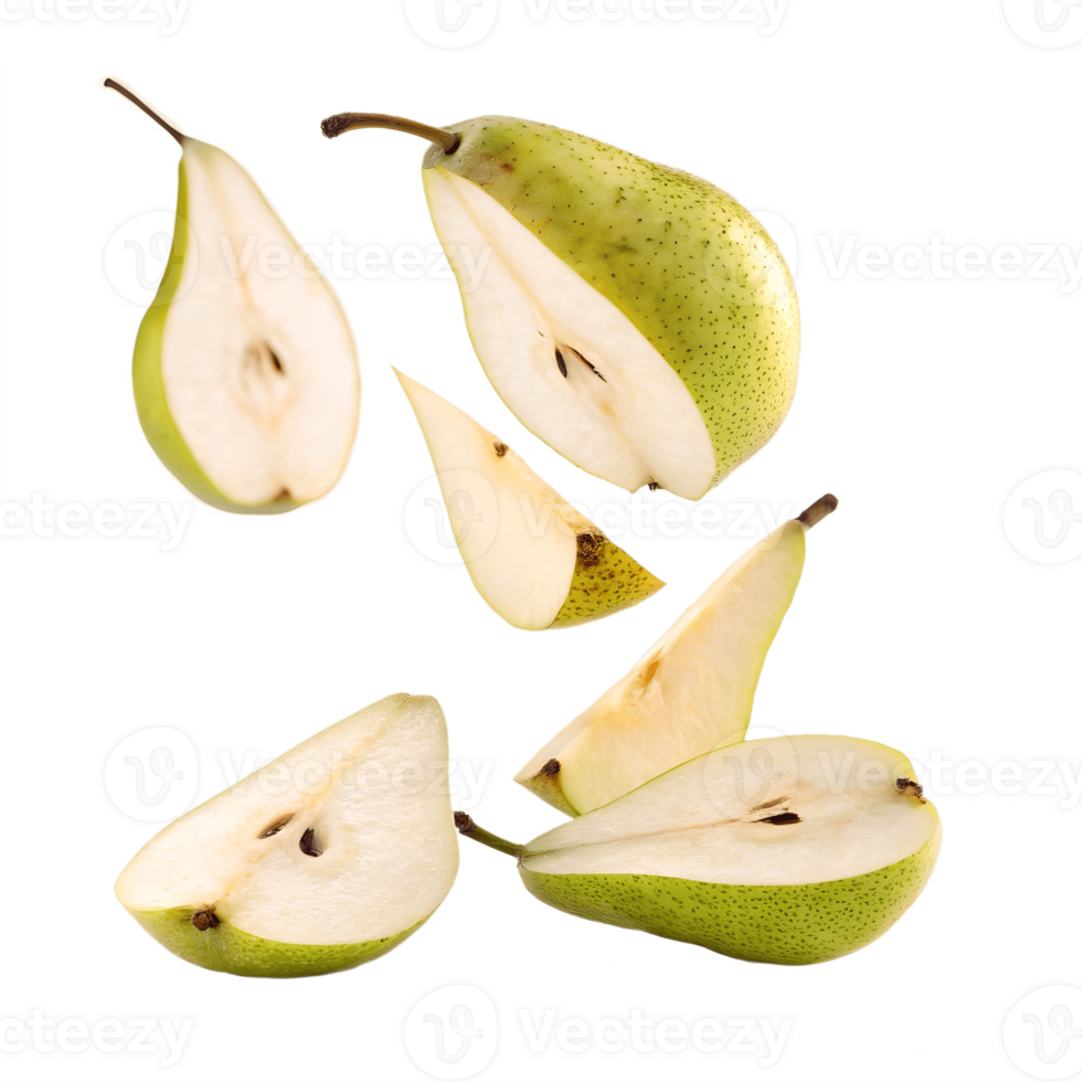 Falling Slices of Juicy Green Pears in Studio Transparent Background png