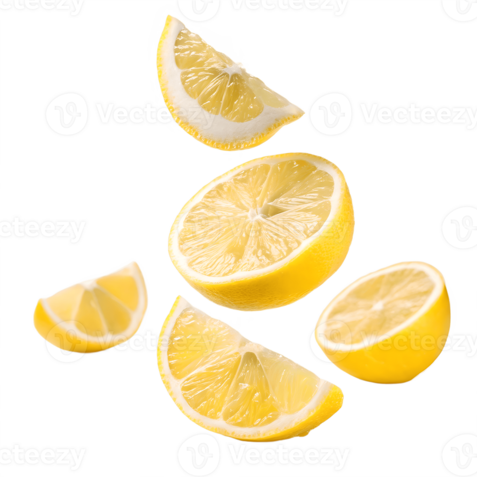 Falling Lemon Wedges in Studio Lighting Transparent Background png