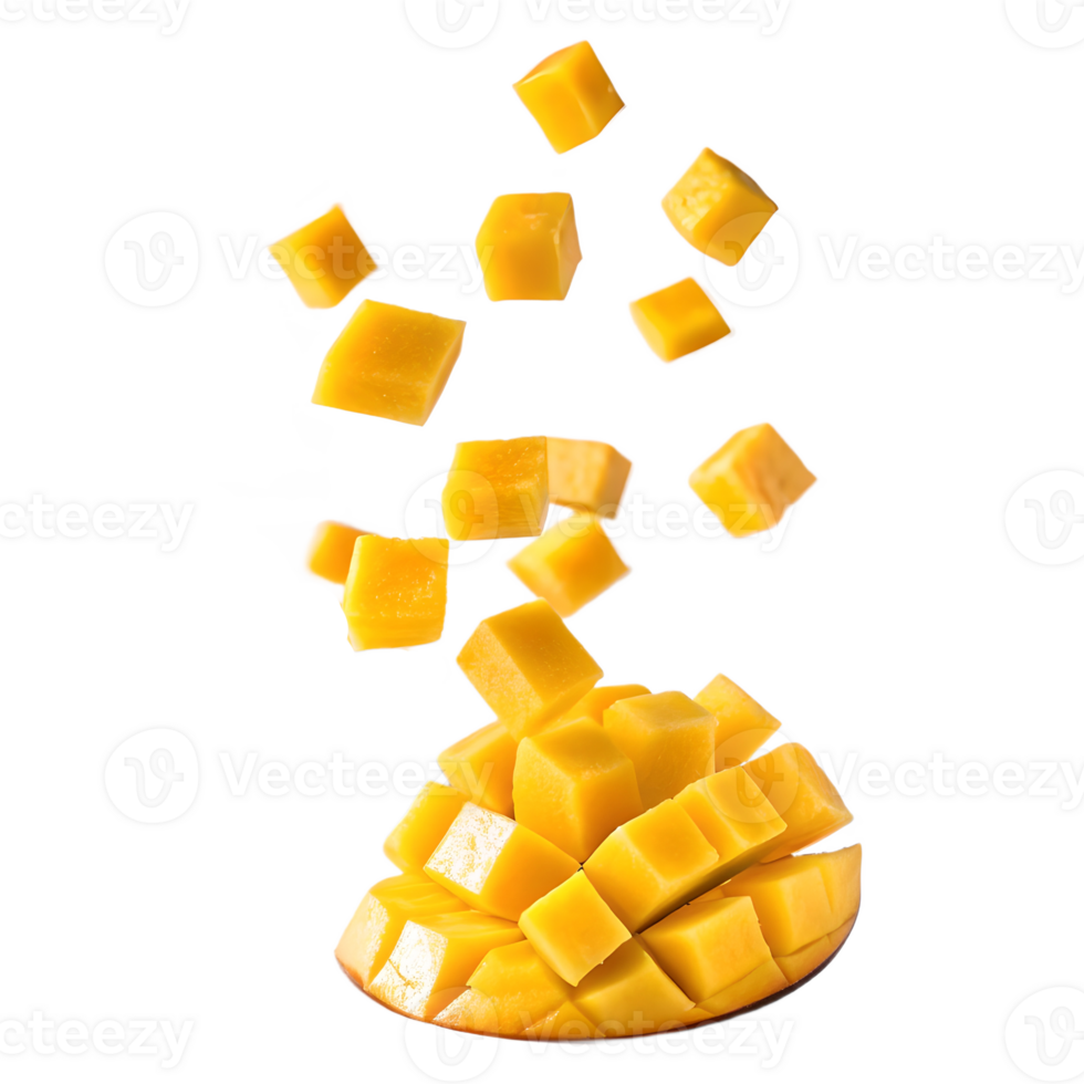 Fresh Mango Cubes Falling on a Half Mango Transparent Background png