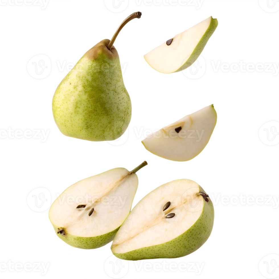 Floating Green Pears Slices and Whole Fruit Transparent Background png