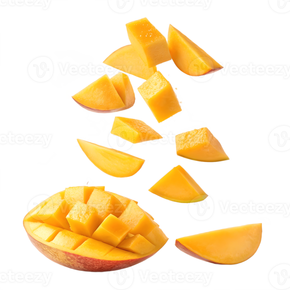 Fresh Mango Pieces Falling in Air Transparent Background png