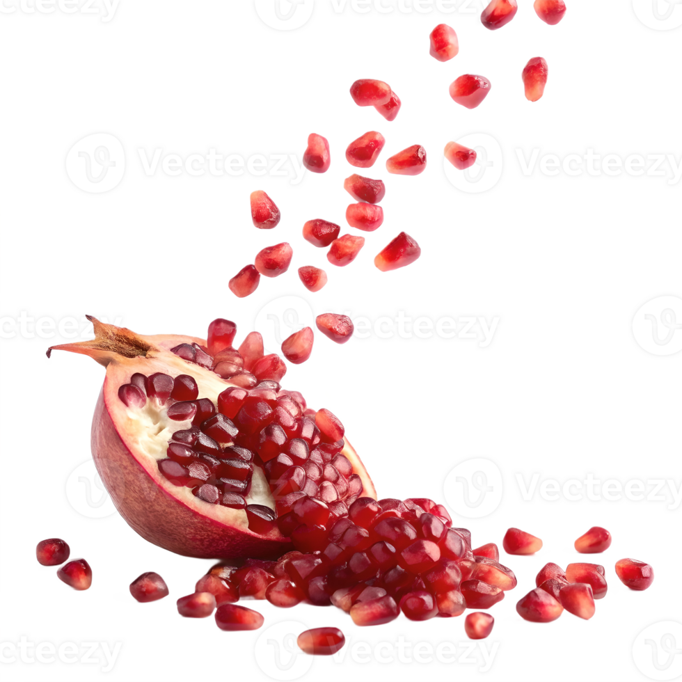 Pomegranate Seeds Falling From Halved Fruit Transparent Background png