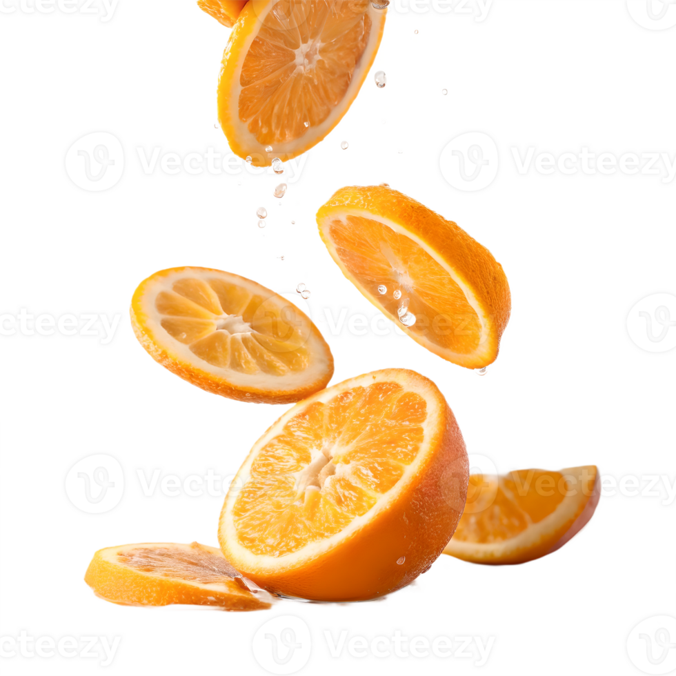 Falling Orange Slices Splashing in Air Transparent Background png