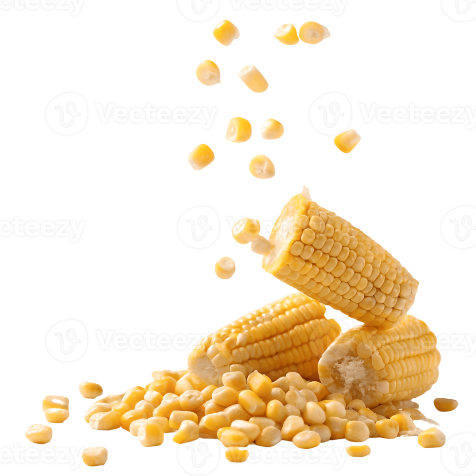 Fresh Sweet Corn Kernels Falling and Scattered Transparent Background png