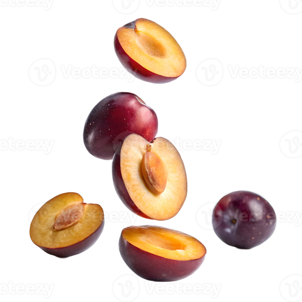 Falling Plums Halves Studio Shot Transparent Background png
