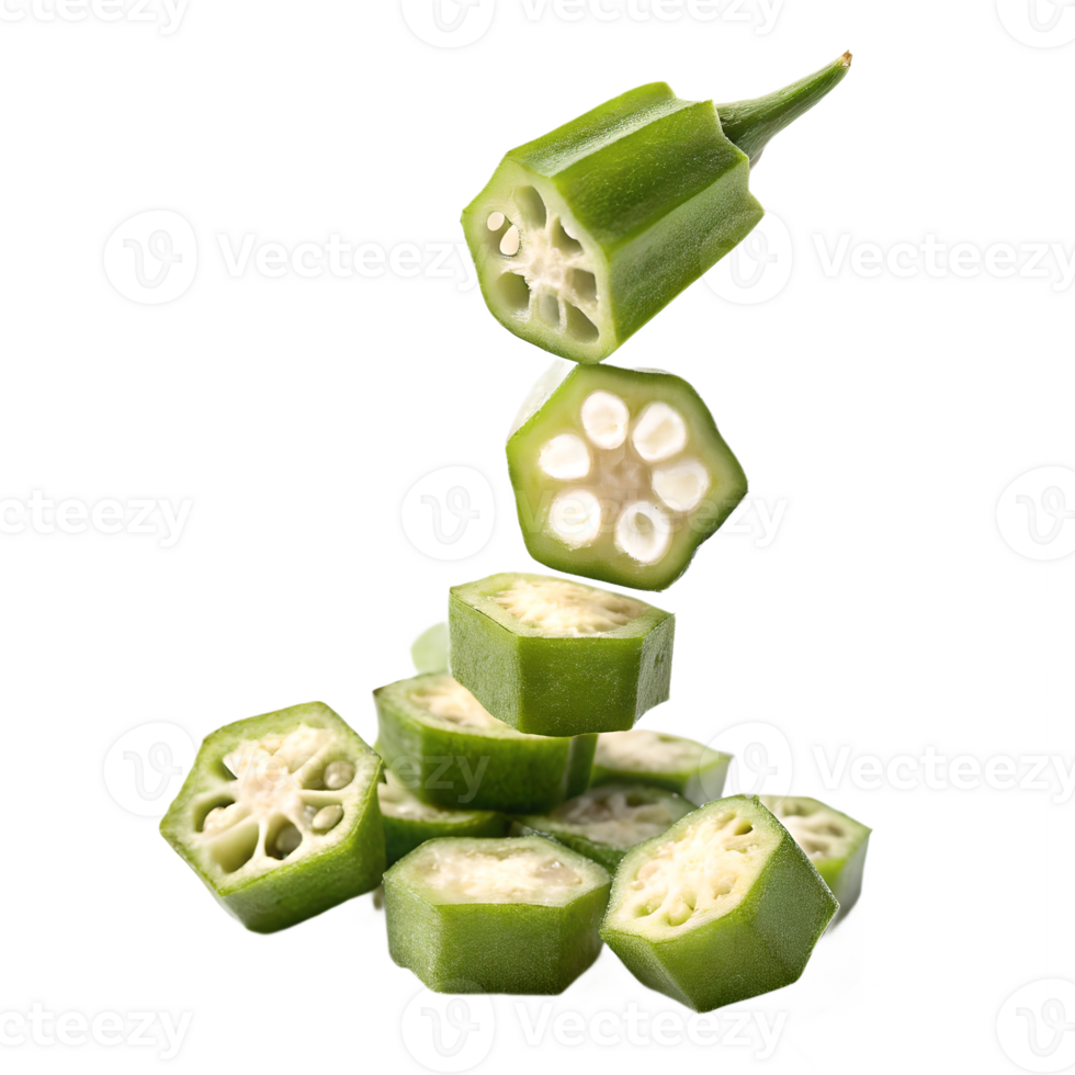Fresh Okra Slices Falling in Studio Lighting Transparent Background png