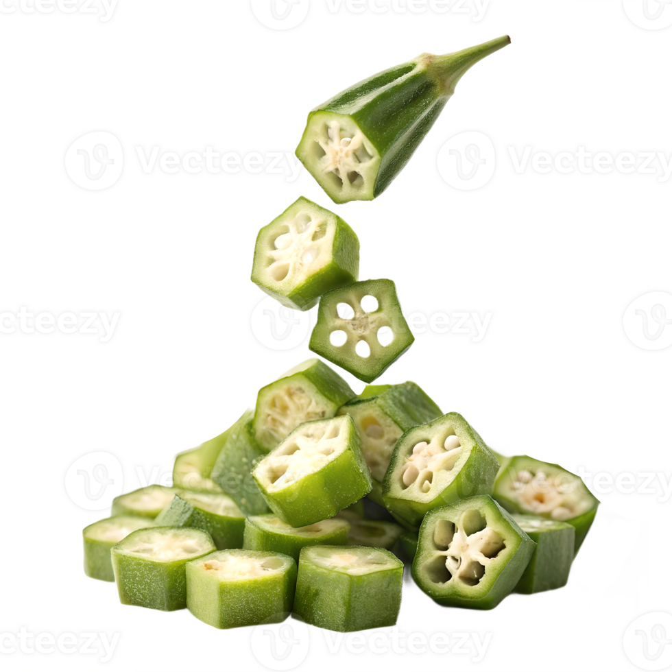 Fresh Okra Slices Falling on Transparent Background png