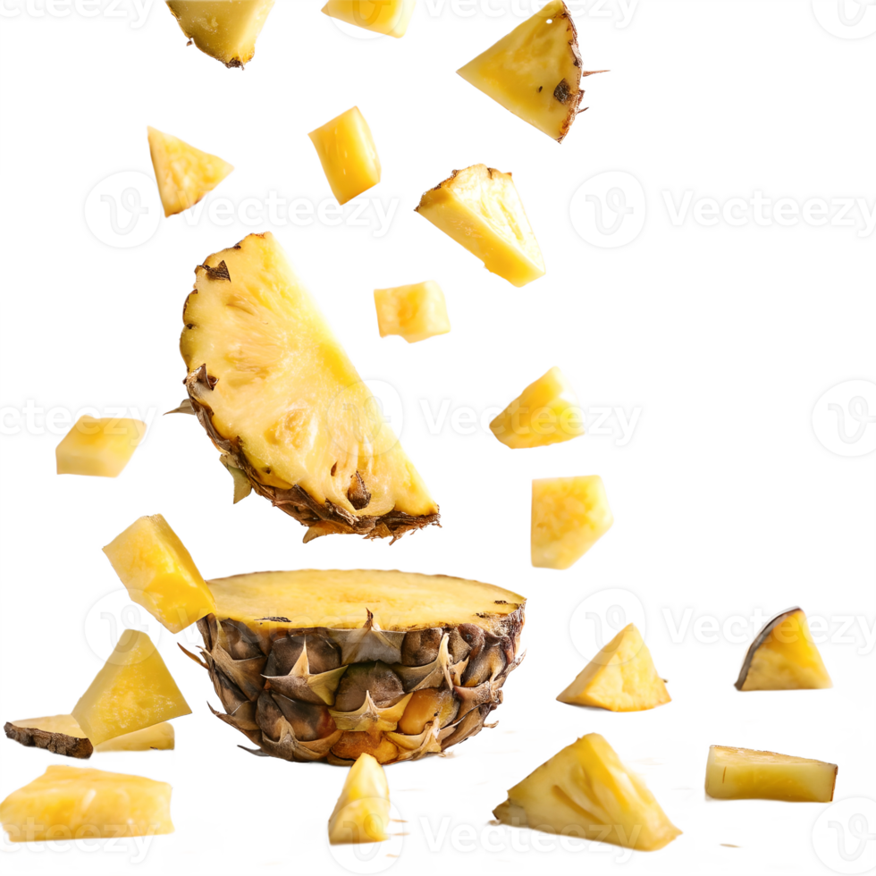Falling Pineapple Chunks Studio Shot Transparent Background png