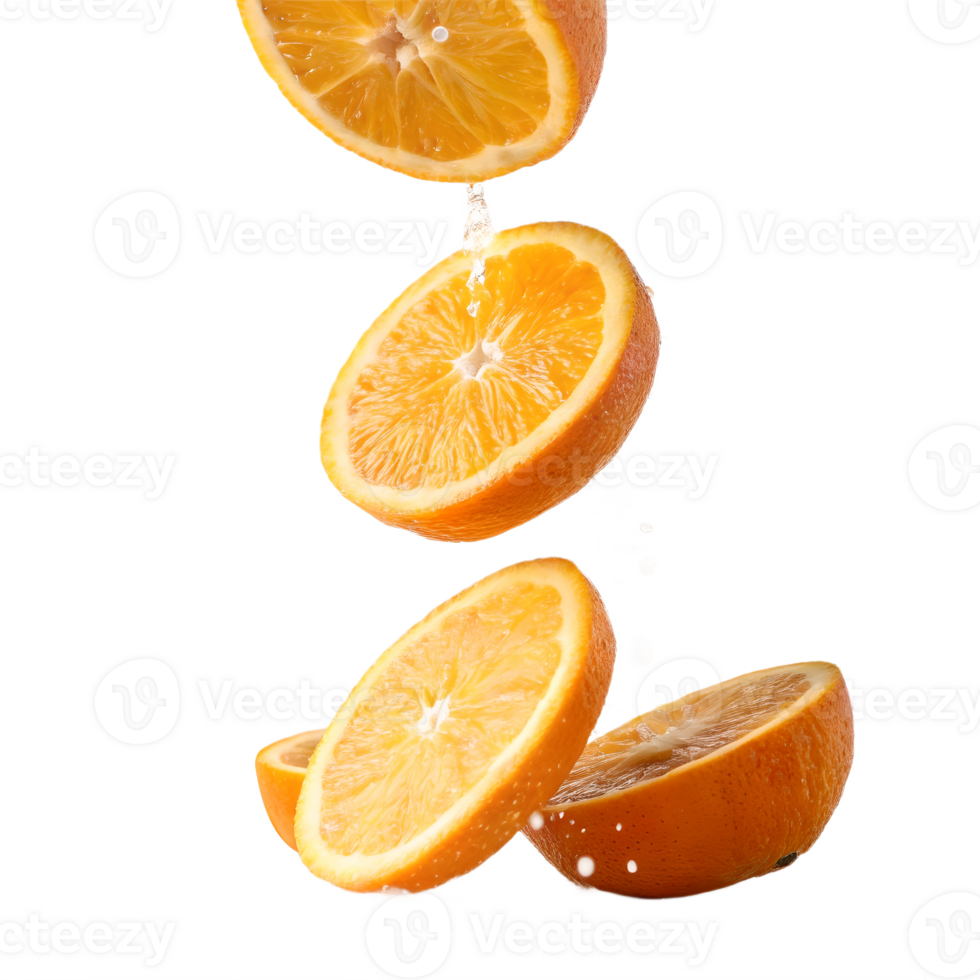 Fresh Orange Slices Falling in Water Splash Transparent Background png