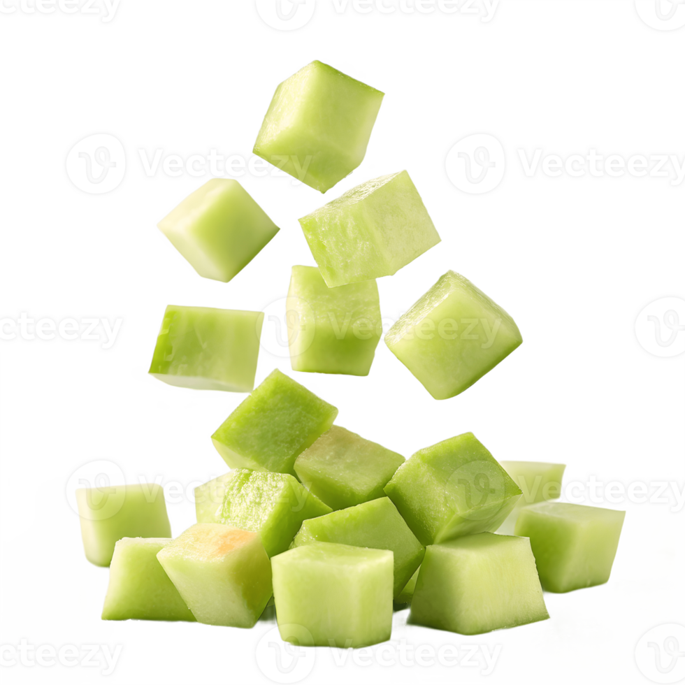 Falling Honeydew Melon Cubes Transparent Background fresh png
