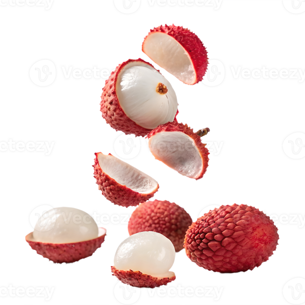 Floating Lychees Half Slices Falling on Transparent Background png