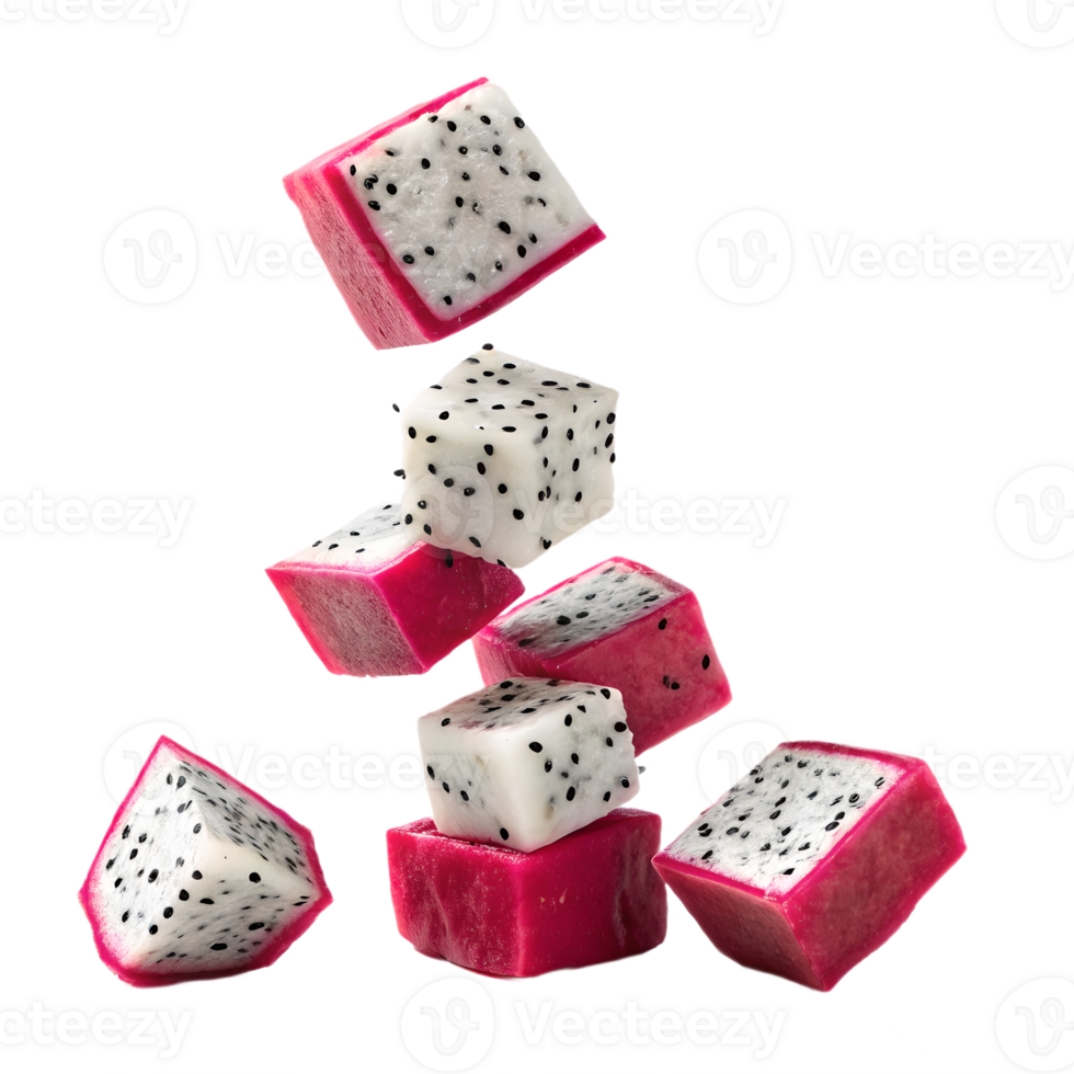 Falling Dragon Fruit Cubes Isolated on Transparent Background png