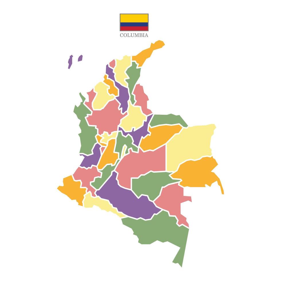 Colored map of Columbia territories, featuring states and borders. White flat design isolated on a white background. Highly detailed illustration south america vector