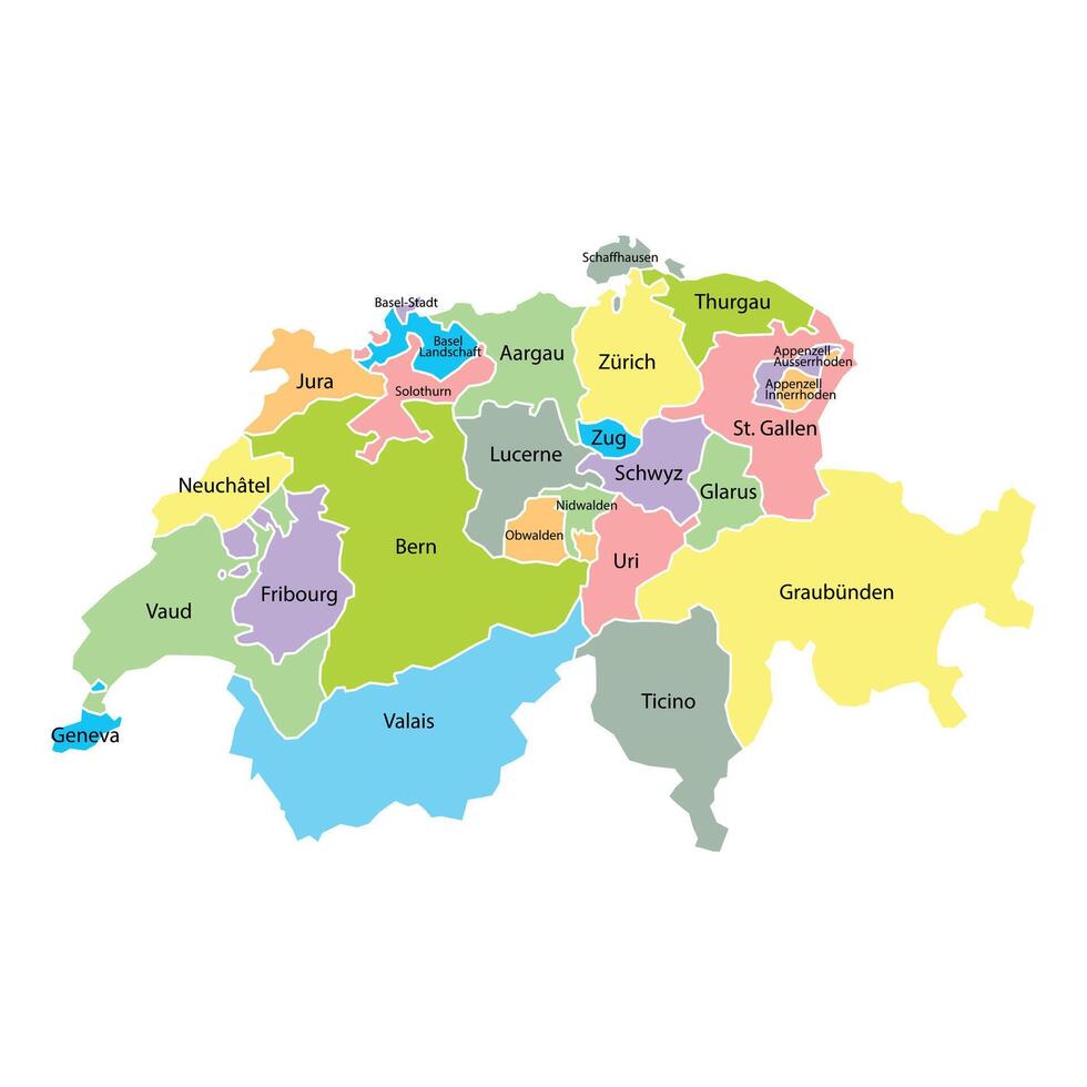 Switzerland map background with regions, region names and cities in color. White flat design isolated on a white background. Highly detailed illustration Europe vector