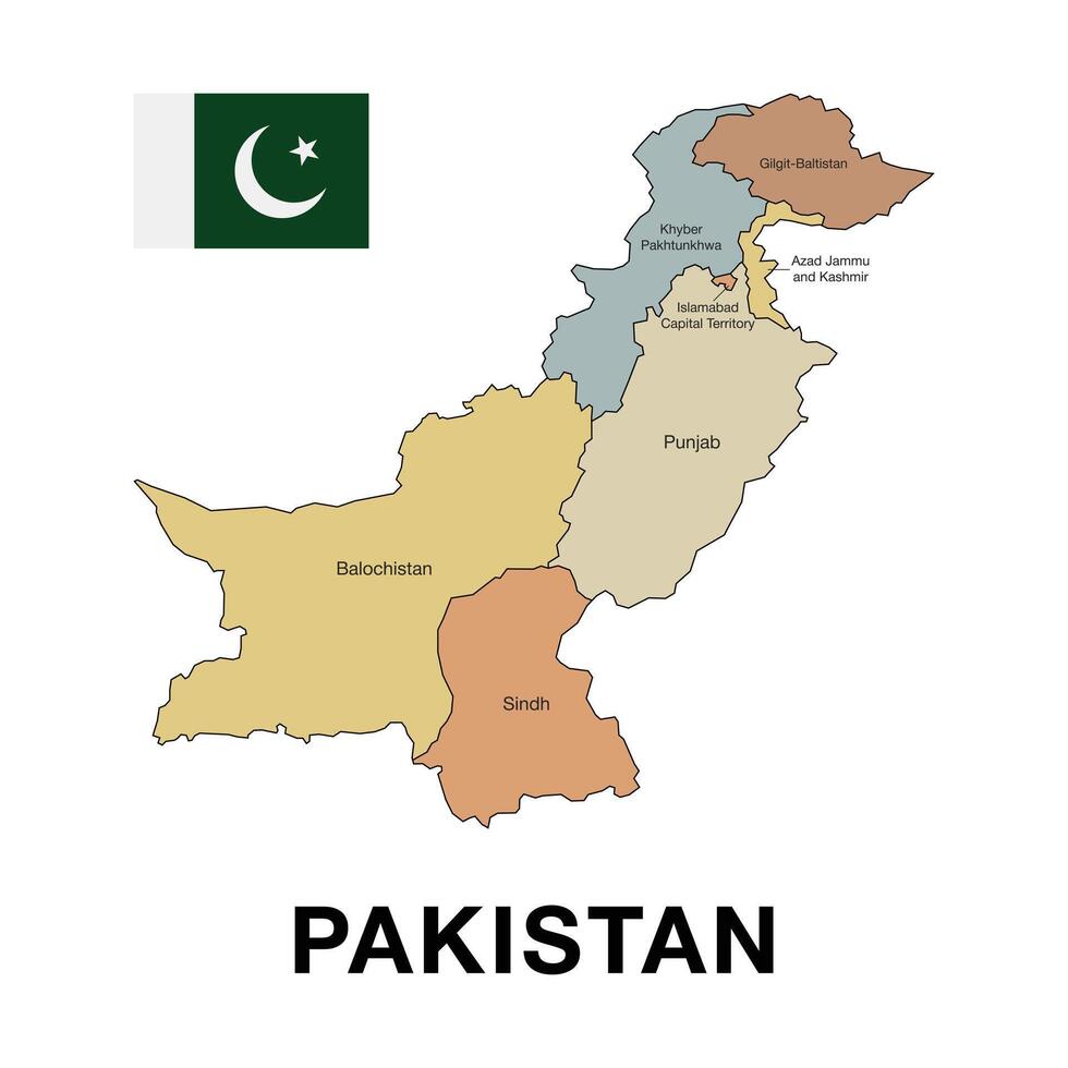 Highly detailed political map of Pakistan, showcasing its administrative regions and borders. Perfect for educational, geographical, and travel-related projects. Middle East vector
