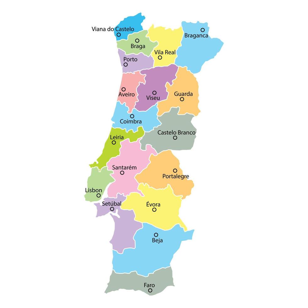 Portugal map background with regions, region names and cities in color. White flat design isolated on a white background. Highly detailed illustration Europe vector