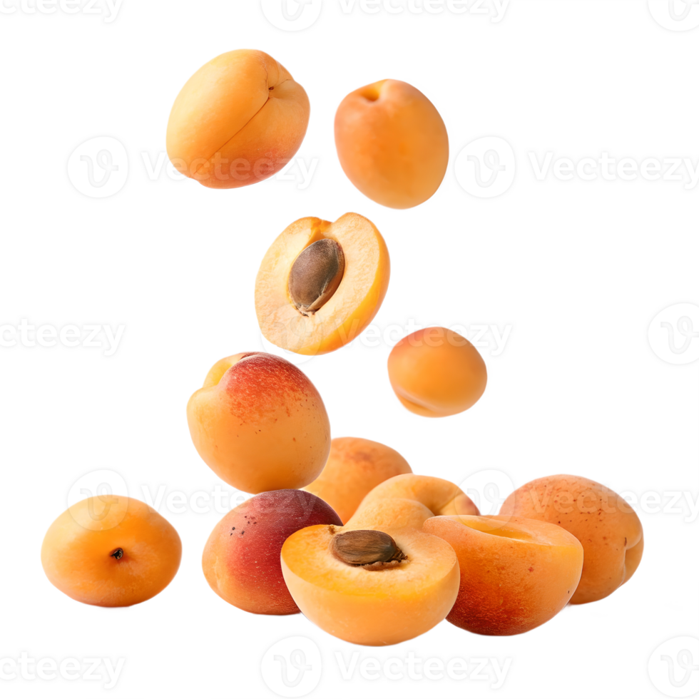 Fresh Apricots Falling and Stacked, Vibrant Studio Shot Transparent Background png