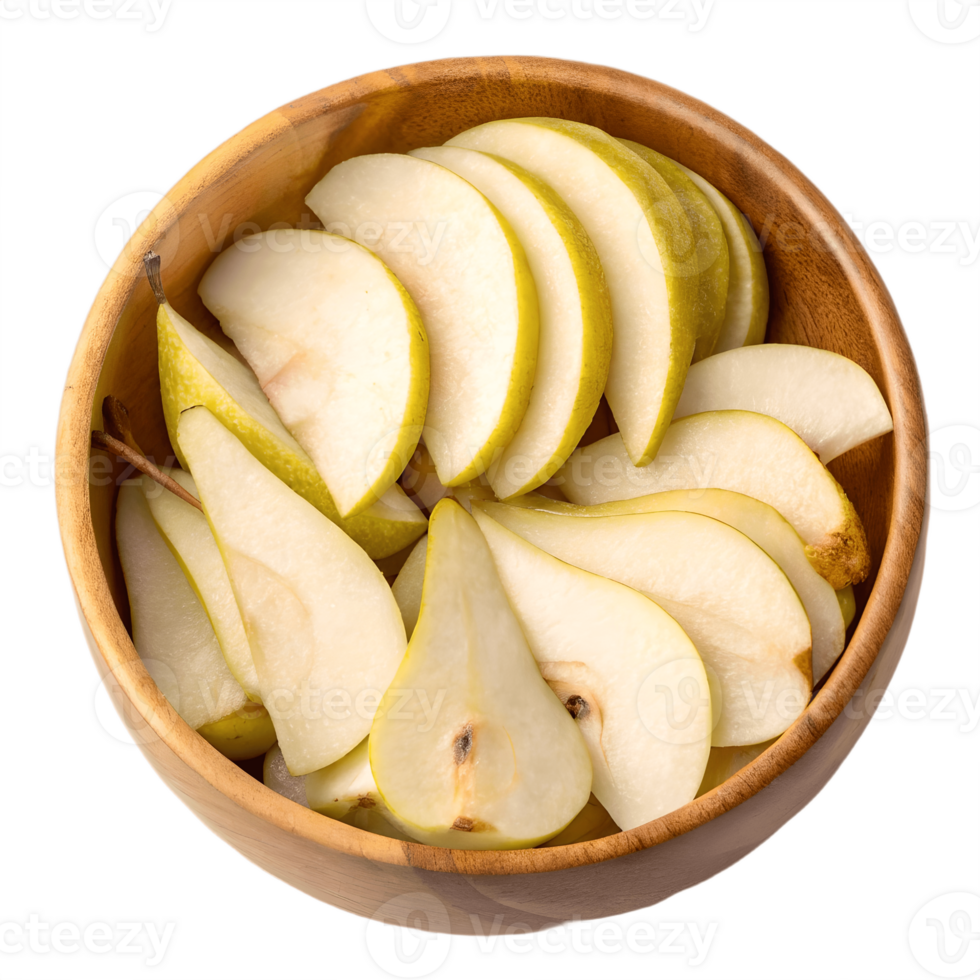 Sliced Pears in Wooden Bowl Transparent Background png