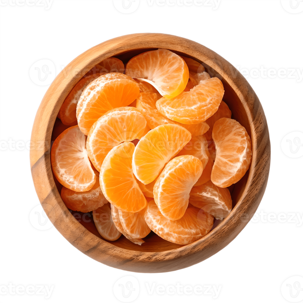 Wooden Bowl of Fresh Mandarin Orange Segments Transparent Background png