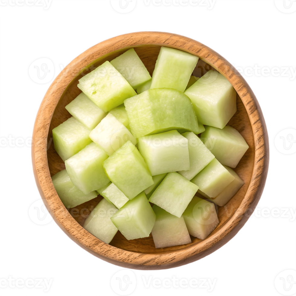Fresh Honeydew Melon Cubes in Wooden Bowl Transparent Background sweet healthy png