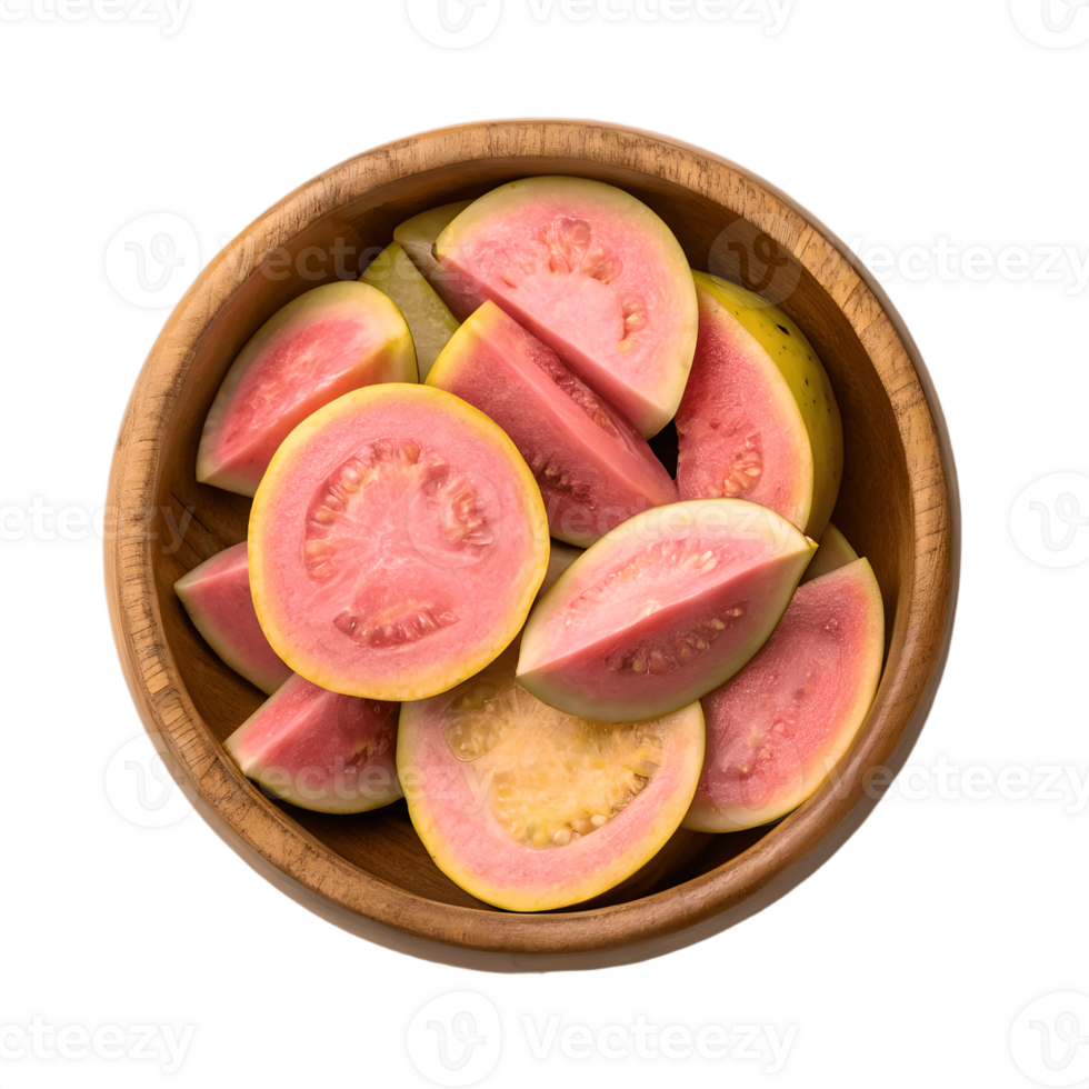 Fresh Guava Slices in Wooden Bowl Overhead View Transparent Background leaf png