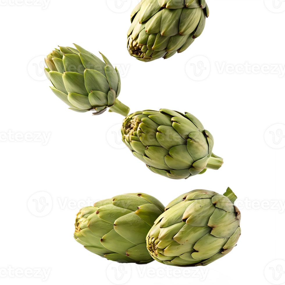 Falling Artichokes Fresh Green Vegetables Studio Shot Transparent Background png