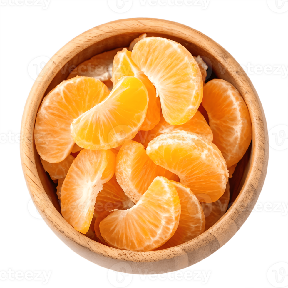 Fresh Mandarin Orange Segments in Wooden Bowl Transparent Background food png