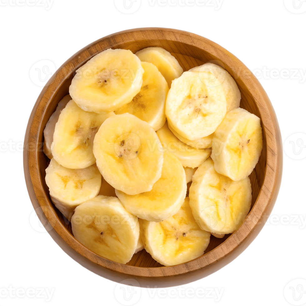 Sliced Bananas in Wooden Bowl Overhead View Transparent Background png