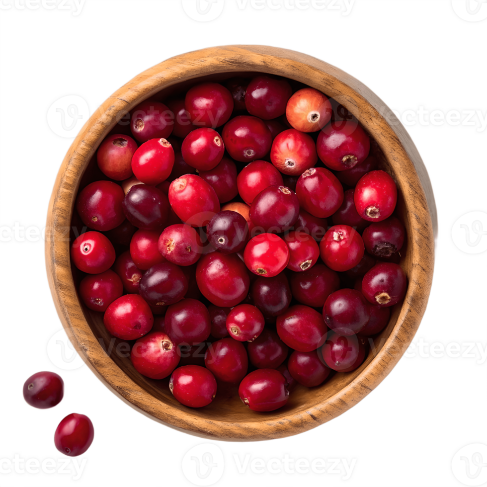 Fresh Cranberries in Wooden Bowl Overhead View Transparent Background png