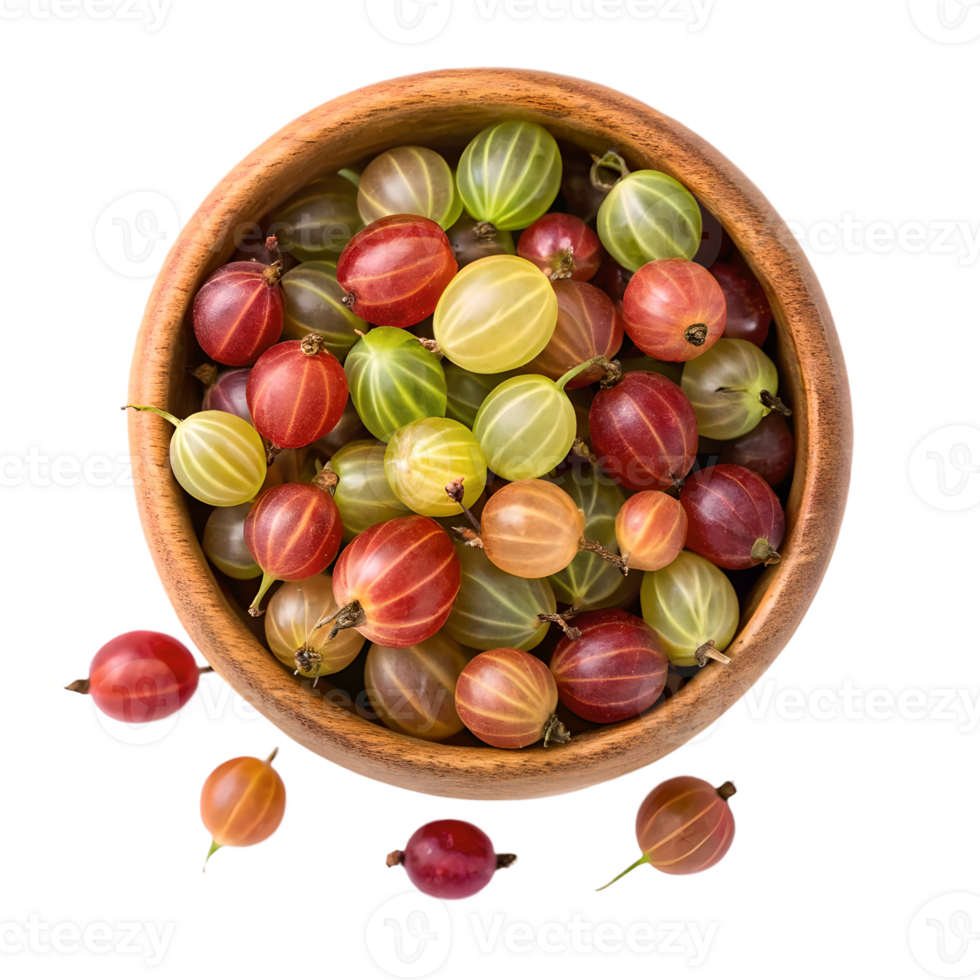 Colorful Gooseberries in Wooden Bowl Overhead View Transparent Background png
