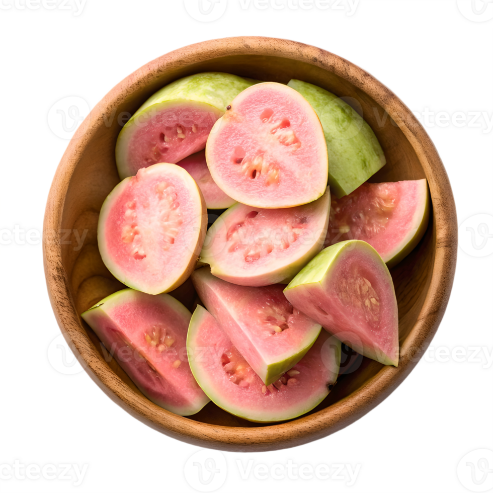 Fresh Guava Slices in Wooden Bowl Overhead View Transparent Background vegetable png