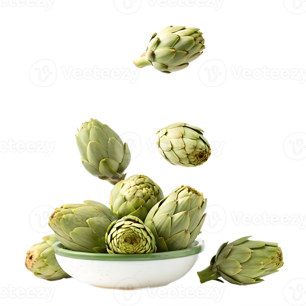 Fresh Artichokes Falling into Bowl Transparent Background png